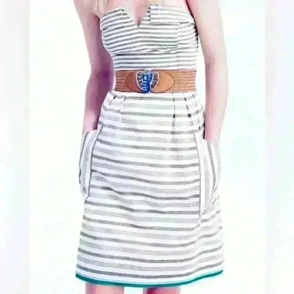 Anthropologie Maeve Changing Stripes Strapless Linen Dress with pockets - Picture 2 of 12
